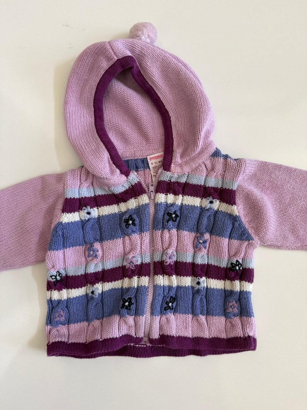 VINTAGE GYMBOREE Baby Girls Purple Striped Knit Zip Hoodie Pom Pom 6-12M